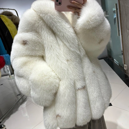 YOLOAgain Women's Luxury White Fox Fur Coat 2024 Winter Warm Real Fox Fur Jacket