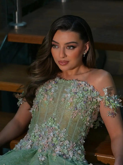 Ofherown Mint Green 3D Floral Embroidery Tulle Evening Dress Elegant A-Line Off-Shoulder Floor-Length Prom Dress Party Gowns
