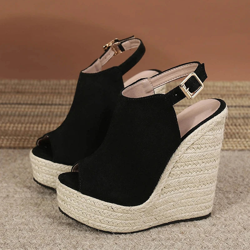 Liyke Size 34-42 Black Women Platform Wedge Sandals Summer Fashion Peep Toe Buckle Strap High Heels Ladies Shoes Sandalias Mujer - Kimlud