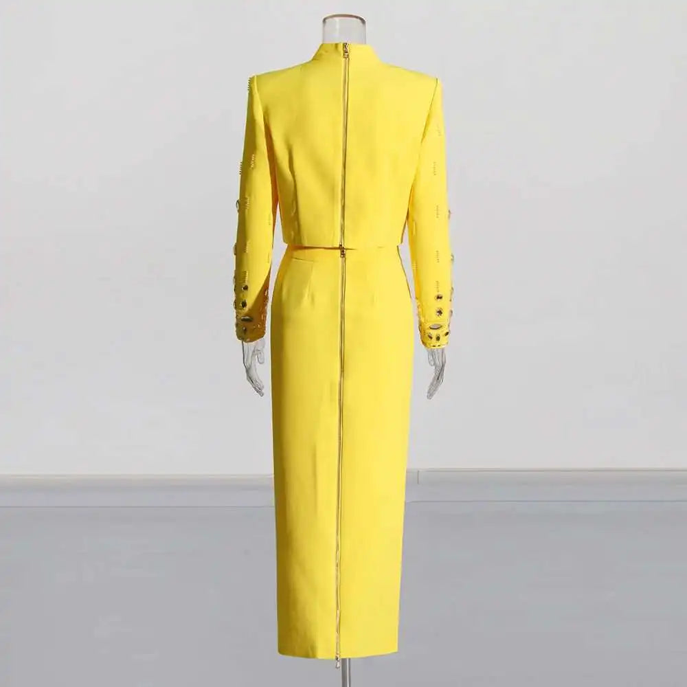 TWOTWINSTYLE Solid Spliced Diamonds Two Piece Set For Women Stand Collar Long Sleeve Tops High Waist A Line Skirt Set Female New