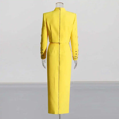 TWOTWINSTYLE Solid Spliced Diamonds Two Piece Set For Women Stand Collar Long Sleeve Tops High Waist A Line Skirt Set Female New