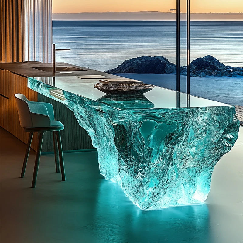 Modern light luxury home villa bar luminous island table custom transparent resin crystal bar glacier art tea table