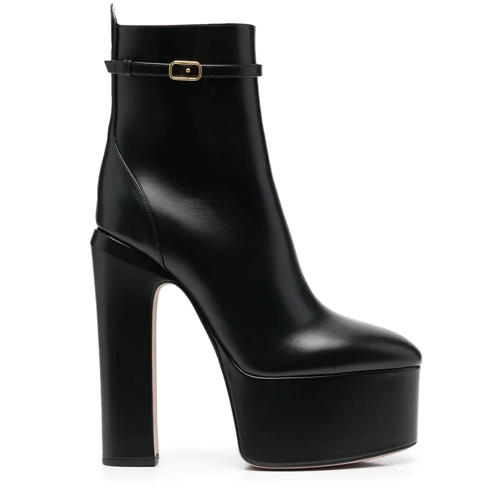 Aucegi Delicate Women Round Toe Platform Chunky High Heel Ankel Boots Fashion Genuine Leather Side Zipper Dress Handmade Shoes