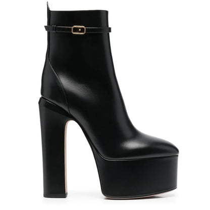 Aucegi Delicate Women Round Toe Platform Chunky High Heel Ankel Boots Fashion Genuine Leather Side Zipper Dress Handmade Shoes