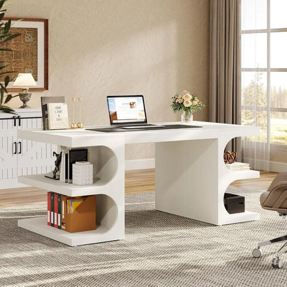 Office Desk, 63" Computer Desk with Storage Shelves, Modern Wood Study Writing Table, Large Workstation Business Furniture - Kimlud