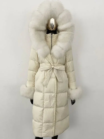 CXFS New Real Raccoon Fox Fur Collar Hooded Natural Long Winter Jacket Women 90 White Duck Down Coat Thick Warm Casual Outerwear