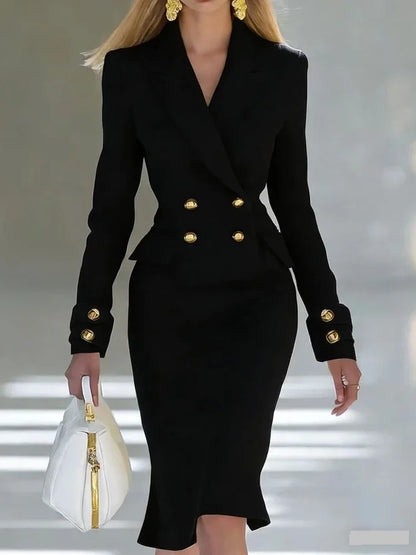 Women Lapel Double Button Blazer Dress Elegant Solid Notched Long Sleeve Bodycon Dresses 2026 Lady Office Commute Formal Robes - Kimlud