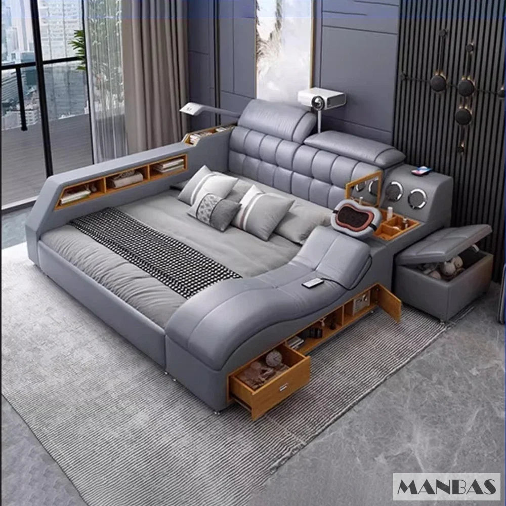 MINGDIBAO Luxury King Size Genuine Leather Bed / Tech Smart Bed / Multifunctional Ultimate Beds / Massage Bed with USB,Projecter