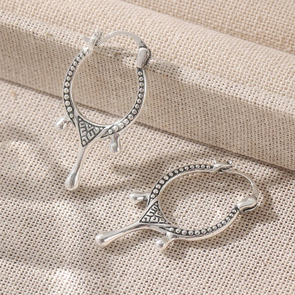 Vintage Handmade Pattern Silvery Plated Irregular Hoop Earrings Women's Fashion Personalized Banquet Festival Jewelry Accessory
