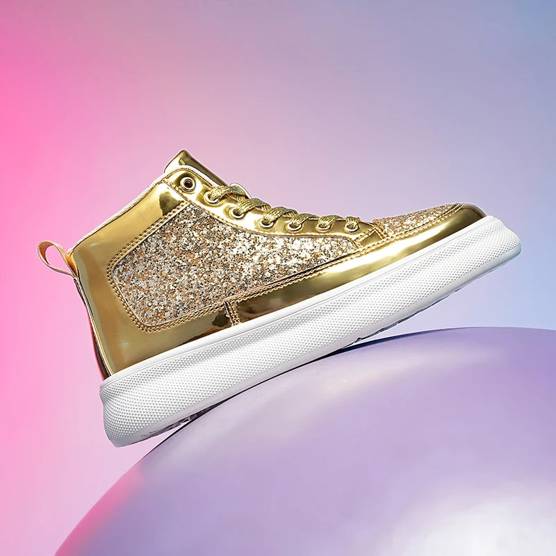 New High Top Men Sneakers Street Skateboard Shoes Bling Vulcanized Shoe Women Platform Shiny Casual Shoes Couple Sports Shoes