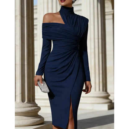 Sexy Package Hip Dress Off-shoulder Half-high Collar Long-sleeved Banquet Dress Fashion Elgant Pleated Slim Female Slit Dresses