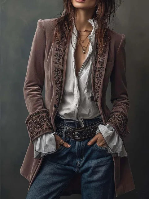 Long Sleeve Women's Outercoat Causal Autumn Winter Elegant Patchwork Velvet Slim Coat Vintage Pattern Print Cardigan Jackets