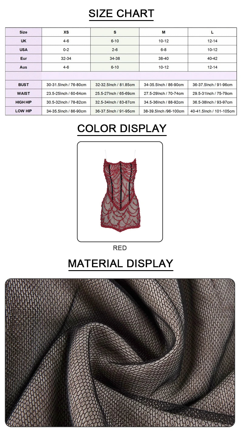 VC Glamorous Fashion Strapless Red Beaded Mesh Through Mini Sexy Dress with Corset for Club and Evening Party