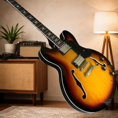 Sunset 335 Electric Guitar Rosewood Neck Maple Body Home Sing-Along with Accompanimen Half Hollow Design Free Shipping |...