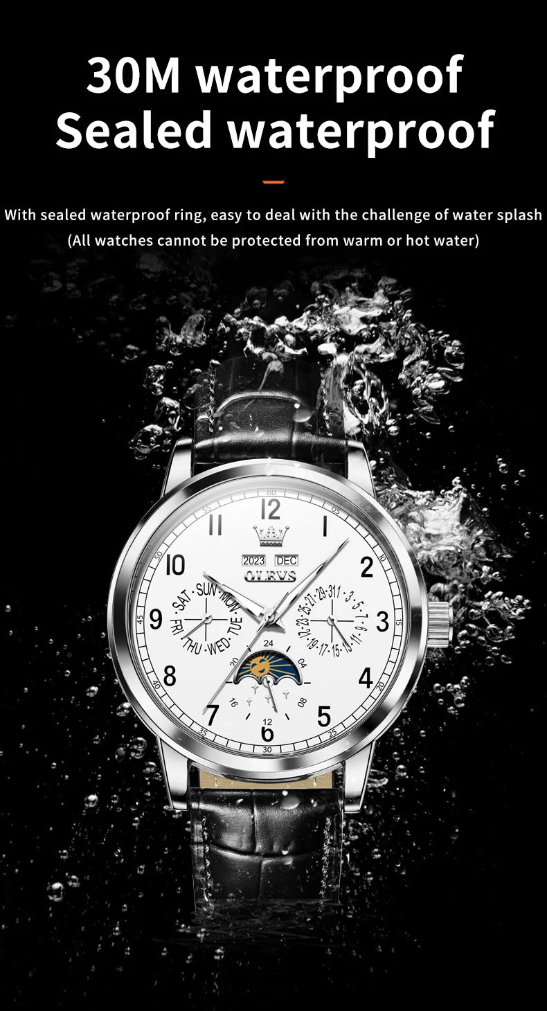 OLEVS 6698 Mens Watch Luxury Dress Brand Moon Phase Automatic Mechanical Watch For Men Leather Waterproof Dual Calendar...