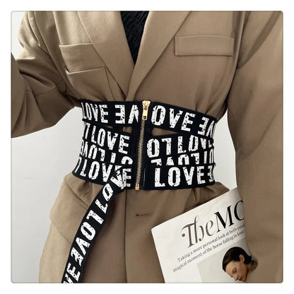 GetSpring Women Cummerbunds Letter Printed Zipper Black Wide Belt Fashion Elastic Waistband All Match Ladies Waist Band Corset