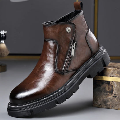 British Style Fashion Men's Casual Leather Boots Outdoor High Top Genuine Leather Non-slip Ankle Boots Retro Style Walking Botas
