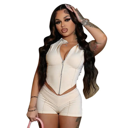 Women Clothes Sets Line Stitching Sleeveless Zip Cropped Tank Top and Shorts Set Classy Sexy Tight Y2k Night Out 2 Piece Outfits