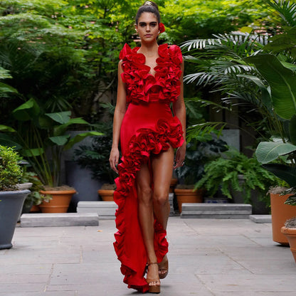 CM.YAYA Women Sets Streetwear 2 Two-piece Suits Sexy Beach Holiday Ruffles Asymmetrical V-neck Bodysuit+Long Skirts Bikinis Sets