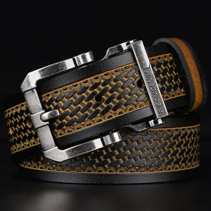 BISON DENIM Men Belts Cow Split Genuine Leather Pin Buckle Business Waist Straps Vintage Pin Buckle Fancy Male Belt For Jeans - Kimlud