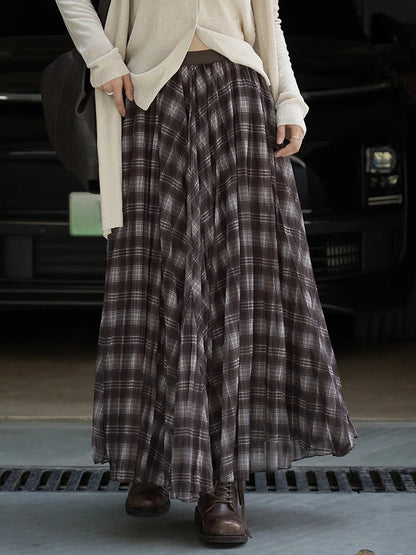 [EAM] High Elastic Waist Blue Coffee Plaid Vintage A-line Half-body Skirt Women Fashion Tide New Spring Autumn 2026 1DJ3750 - Kimlud