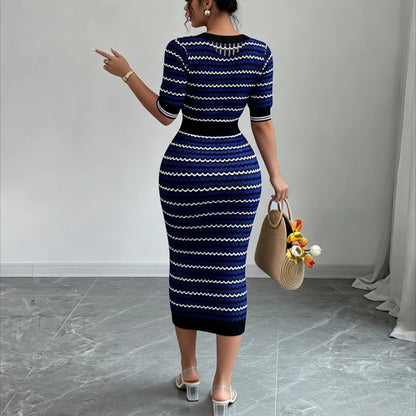 Women's Blue Geometric Striped Crew Neck Sundress Short Sleeve Stretchy Ribbed Knit Bodycon Long Dress Summer Party Maxi...