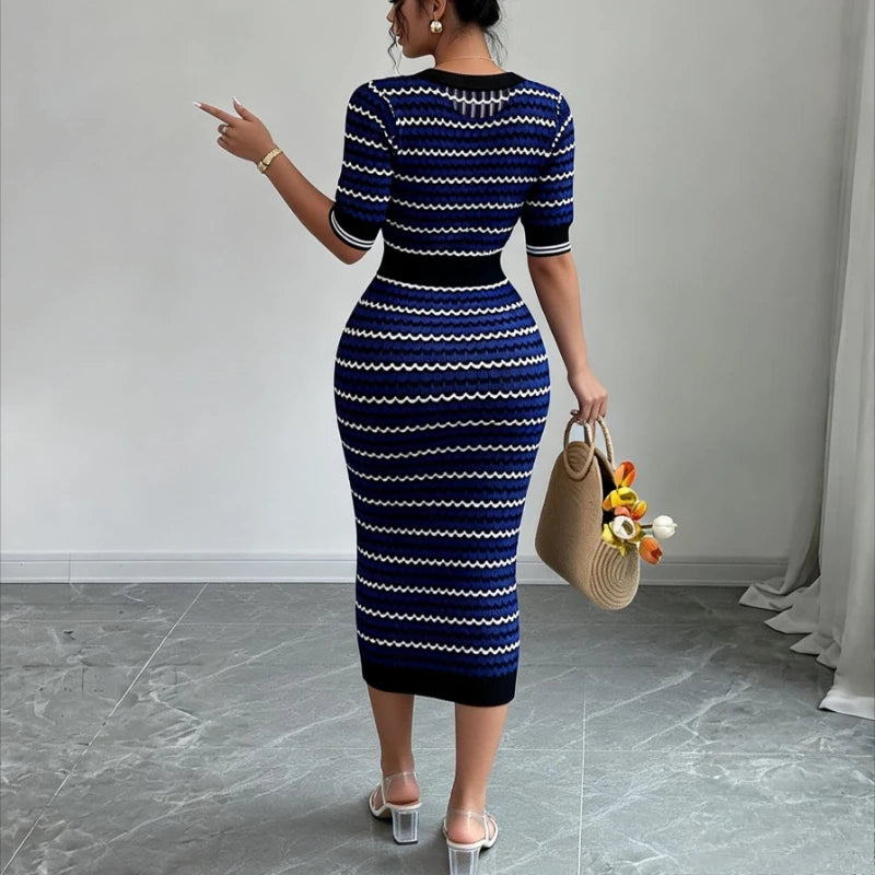 Women's Blue Geometric Striped Crew Neck Sundress Short Sleeve Stretchy Ribbed Knit Bodycon Long Dress Summer Party Maxi...