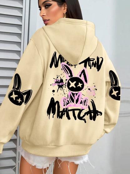 Mix And Match Cartoon Rabbit Prints Women Hoodie Pocket Streetwear Harajuku Loose Hoody All-Match Fleece Female Clothing