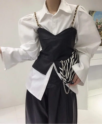 Spring Loose Bubble Sleeved Shirt Y2k White Shirts Women Chain PU Leather Vest Top Blusas Mujer De Moda 2024 Casual 2 Sets - Kimlud