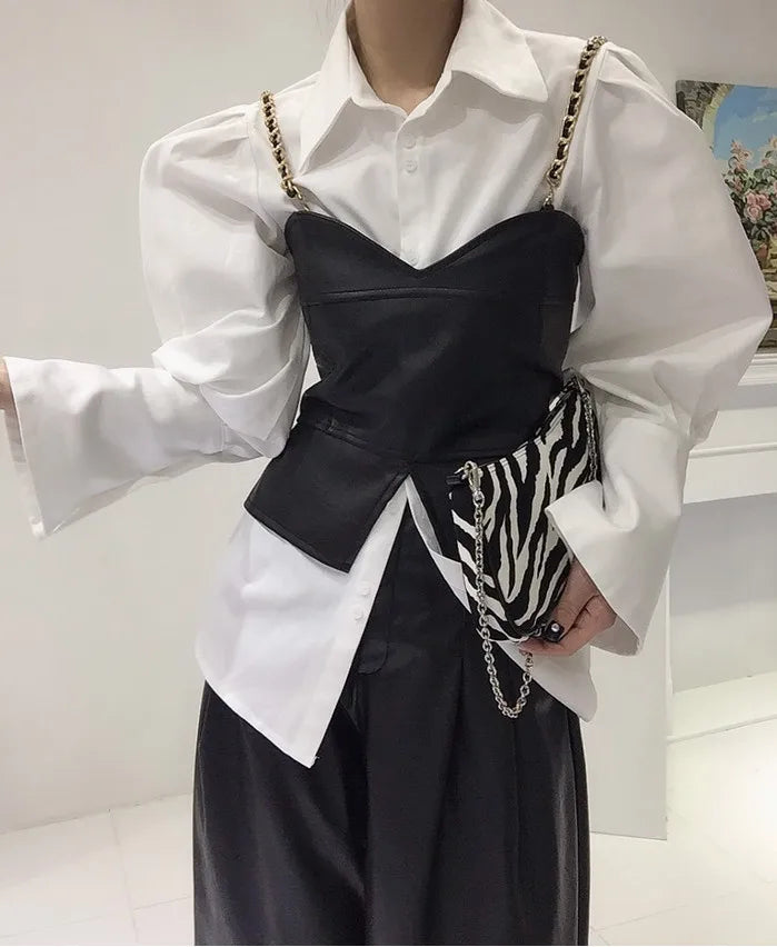 Spring Loose Bubble Sleeved Shirt Y2k White Shirts Women Chain PU Leather Vest Top Blusas Mujer De Moda 2024 Casual 2 Sets - Kimlud
