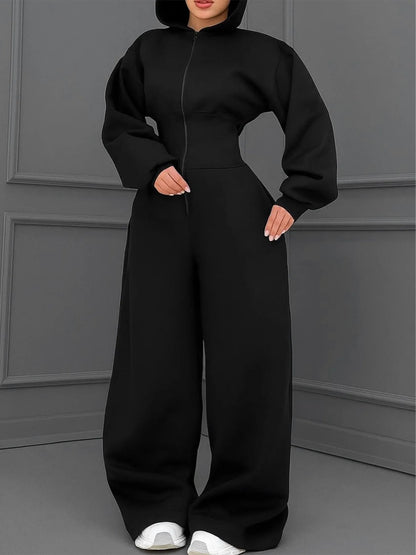Women's Hooded Zipper Elastic Waist Jumpsuit Long Pants Sports Casual Solid Color Comfortable Casual Cross-Border Style