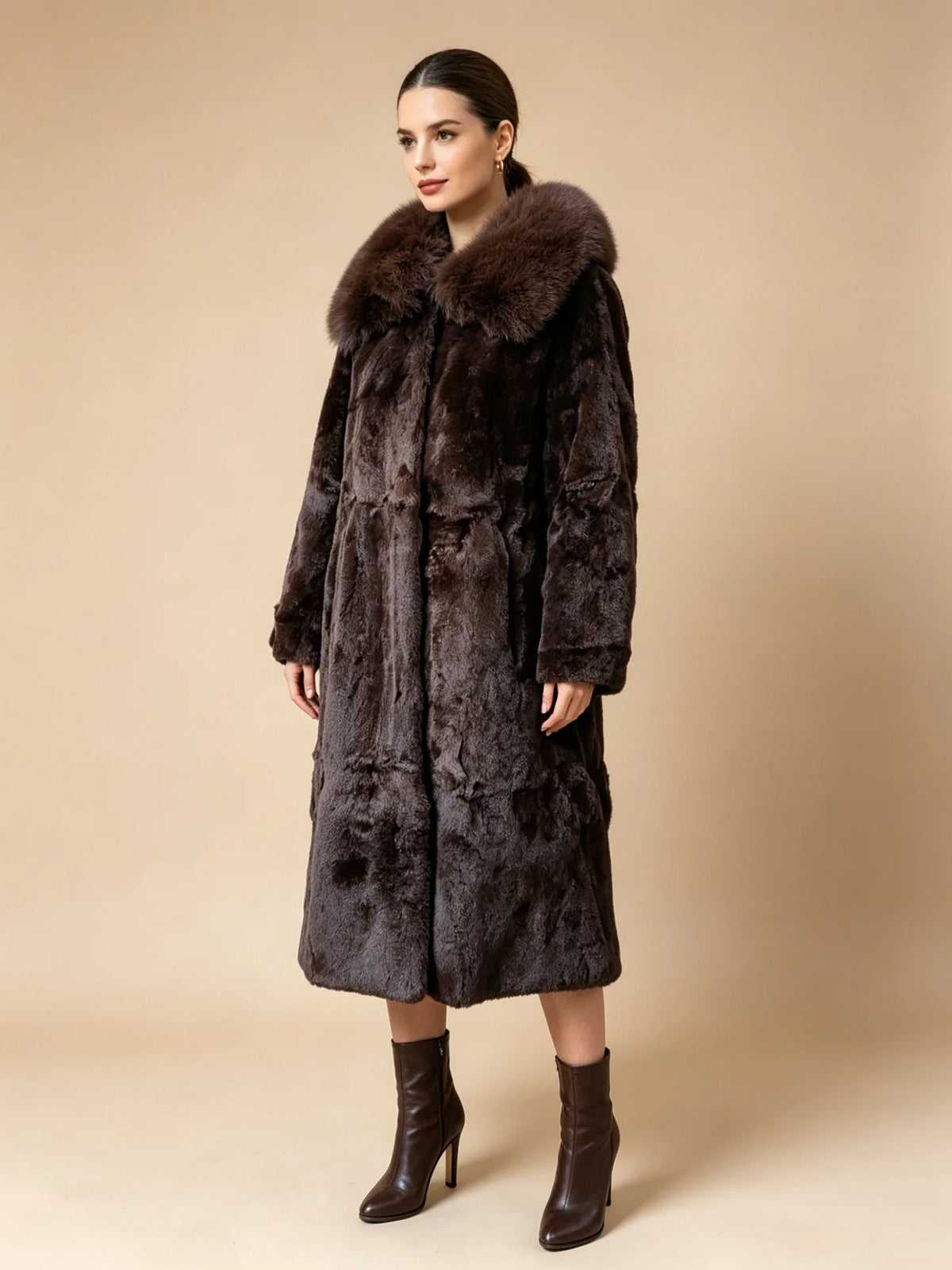 Women X-long Whole Skin Rex Rabbit Fur Coat Luxury High-end Natural Fur Jacket Oversized Genuine Fox Fur Collar