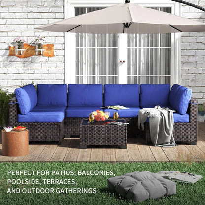 7-Piece PE Rattan Sectional Patio Set, Wicker Outdoor Sofa With Cushions & Glass Coffee Table, Conversation Furniture For Garden - Kimlud