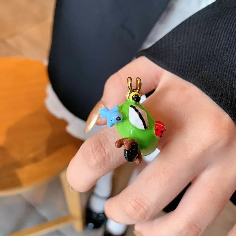 Colorful Enamel Oil Drip Doll Cute Russian Nesting Doll Green Frog Sweet Cool Stacking Ring for Women Girl Creative Jewelry