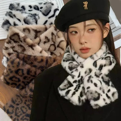 Winter Leopard Faux Rabbit Fur Scarf Women Girls Scarf Soft Plush Scarves Solid Color Neck Collar Warmer Stuff Christma Gift