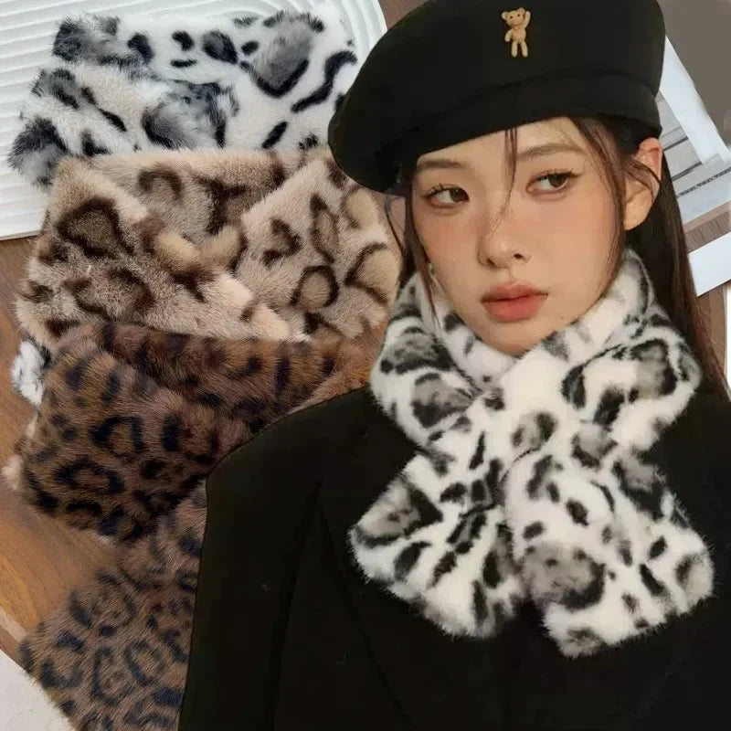 Winter Leopard Faux Rabbit Fur Scarf Women Girls Scarf Soft Plush Scarves Solid Color Neck Collar Warmer Stuff Christma Gift