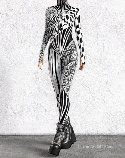 Black and White Pattern Zentai Suit Halloween Cosplay Morphsuit Women Rave Bodysuits Jumpsuits Tights Carnival Party Masquerade