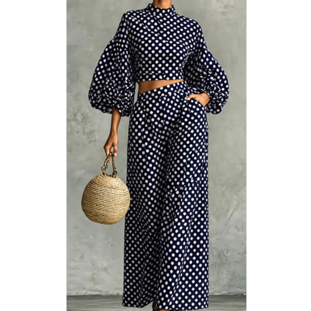 Loose Polka-dot Trousers Suit Autumn Winter Elegant Street Style Lantern Sleeve Long-sleeved Top Wide-leg Trousers Two-piece Set