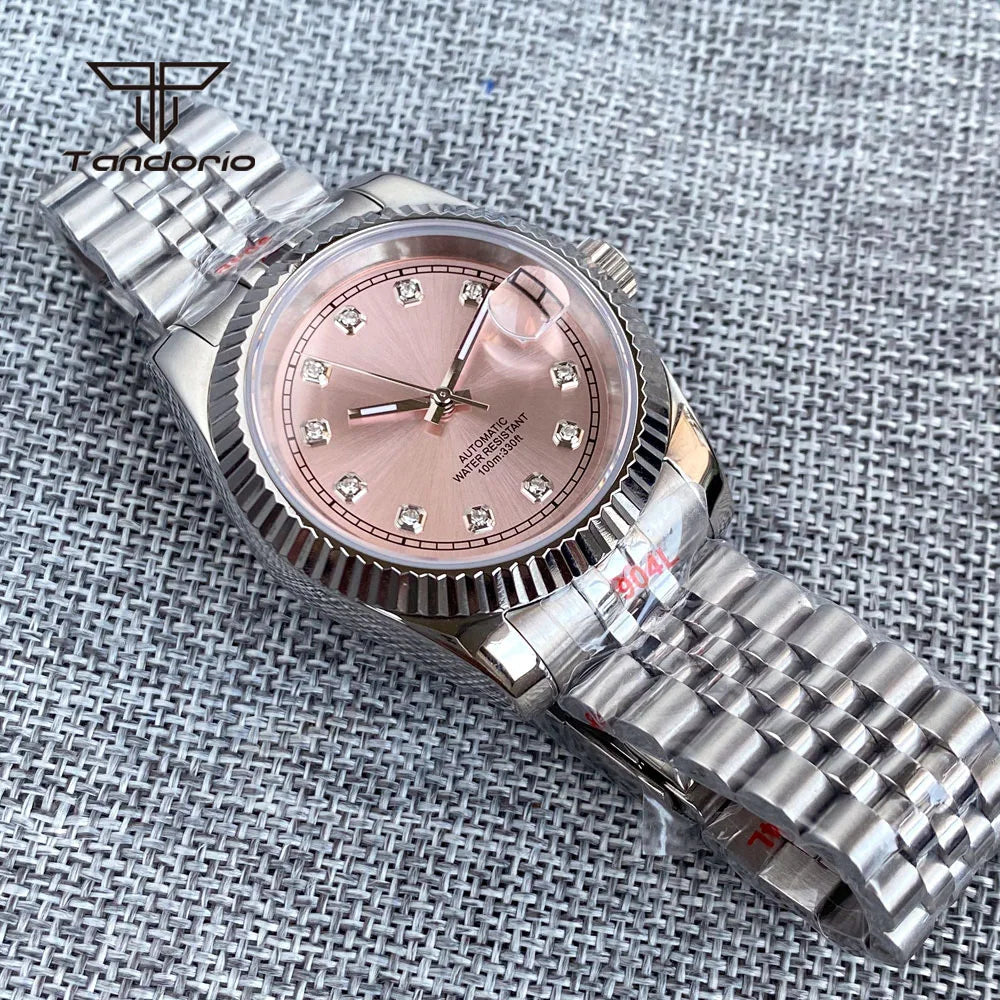 Tandorio Sapphire Pink Sunburst Steel 36mm NH35 Automatic Watch for Lady Diamond Marks 39mm Men Wristwatch Date Lume Mechanical