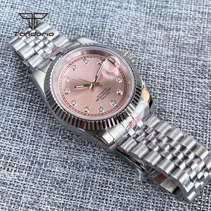 Tandorio Sapphire Pink Sunburst Steel 36mm NH35 Automatic Watch for Lady Diamond Marks 39mm Men Wristwatch Date Lume Mechanical
