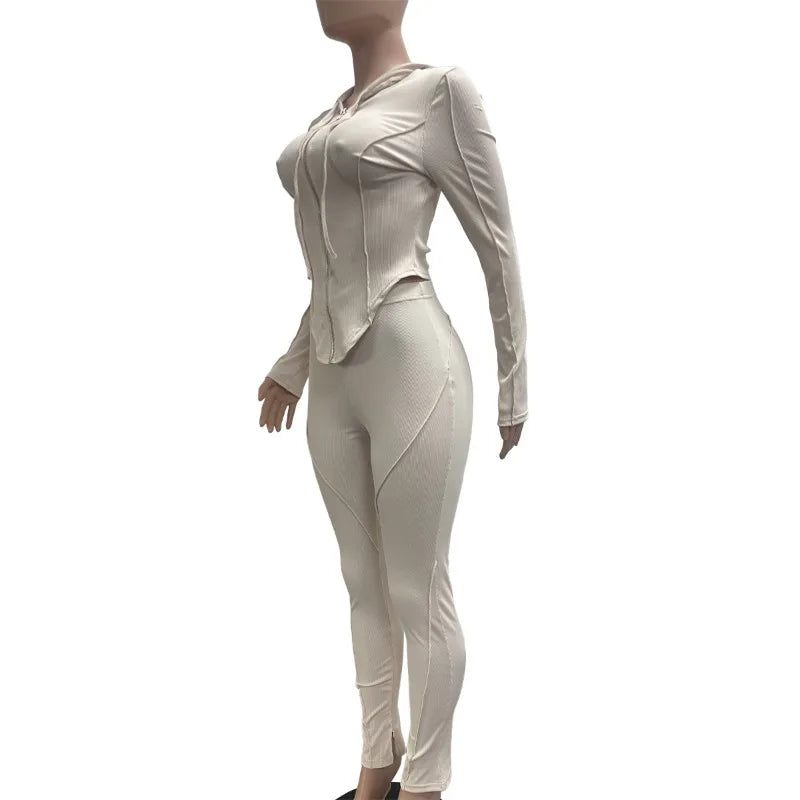 Splicing Lines Ribbed 2 Piece Set Women Tracksuits Long Sleeve Zipper Hooded Jackets Tops + Slit Flare Pants Slim Casual Suits