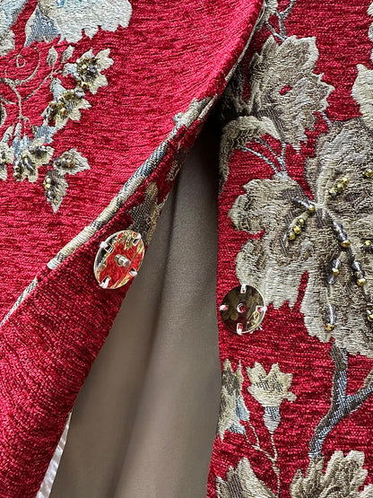 Autumn Winter New Women's Velvet Beaded Round Neck 3/4 Sleeve Burgundy Mid-Length Coat Chenille Texture Luxury Jacket