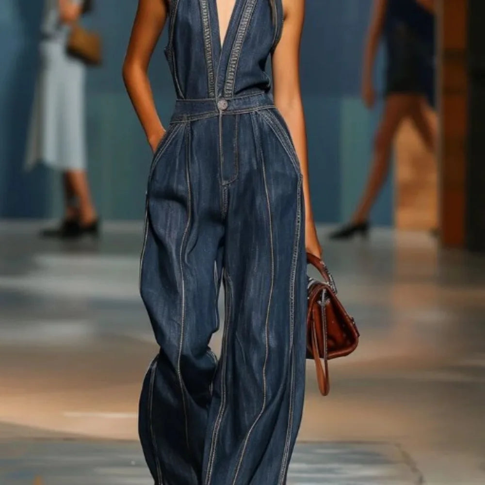 Women's Halter Neck Faux Denim Jumpsuit Sleeveless Deep V-Neck Wide Leg Denim Romper Vintage Inspired Retro Overalls |...