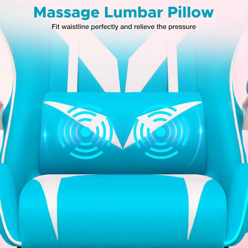 Light Blue & White Kids Massage Gaming Chair - Reclining PC Chair with Footrest, Lumbar Support & Headrest for Gaming Room