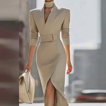 Elegant Solid Slim Belt V Neck Hip Dress Woman Autumn Winter Long Sleeve Split Office Dresses Sexy Boho High Waist...