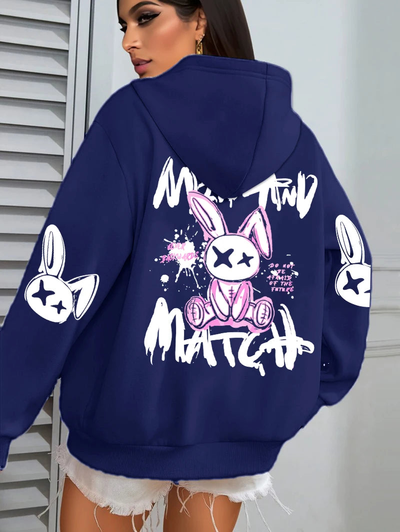 Mix And Match Cartoon Rabbit Prints Women Hoodie Pocket Streetwear Harajuku Loose Hoody All-Match Fleece Female Clothing