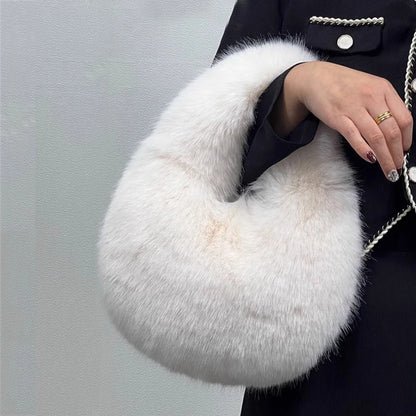 Fashion Soft Plush Half Moon Bags for Women Designer Fluffy Faux Fur Lady Handbags Luxury Small Tote Female Winter Purses
