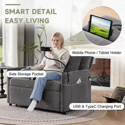 3-in-1 Convertible Sleeper Sofa Bed with USB/Type-C Ports, Adjustable Backrest, Dark Grey - Kimlud