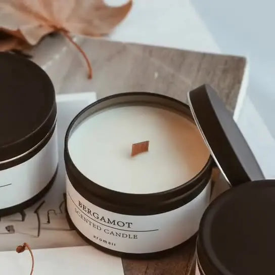 Black Tin Can Scented Aromatic Candles Wooden Wick Candle Jars with Lid Classic Home Decorative Candles Citronella - Kimlud