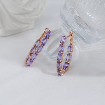 Luxury Full Claw Oval Purple Zircon Metal Earrings 585 Gold Color Ear Drop Statement Jewelry Women Party Wedding Accessories